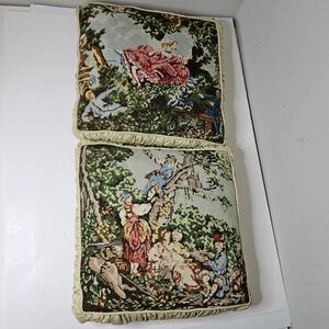 2 Aubusson Style Needlepoint Pillow French Pastoral Square Vintage Tan Pink Set